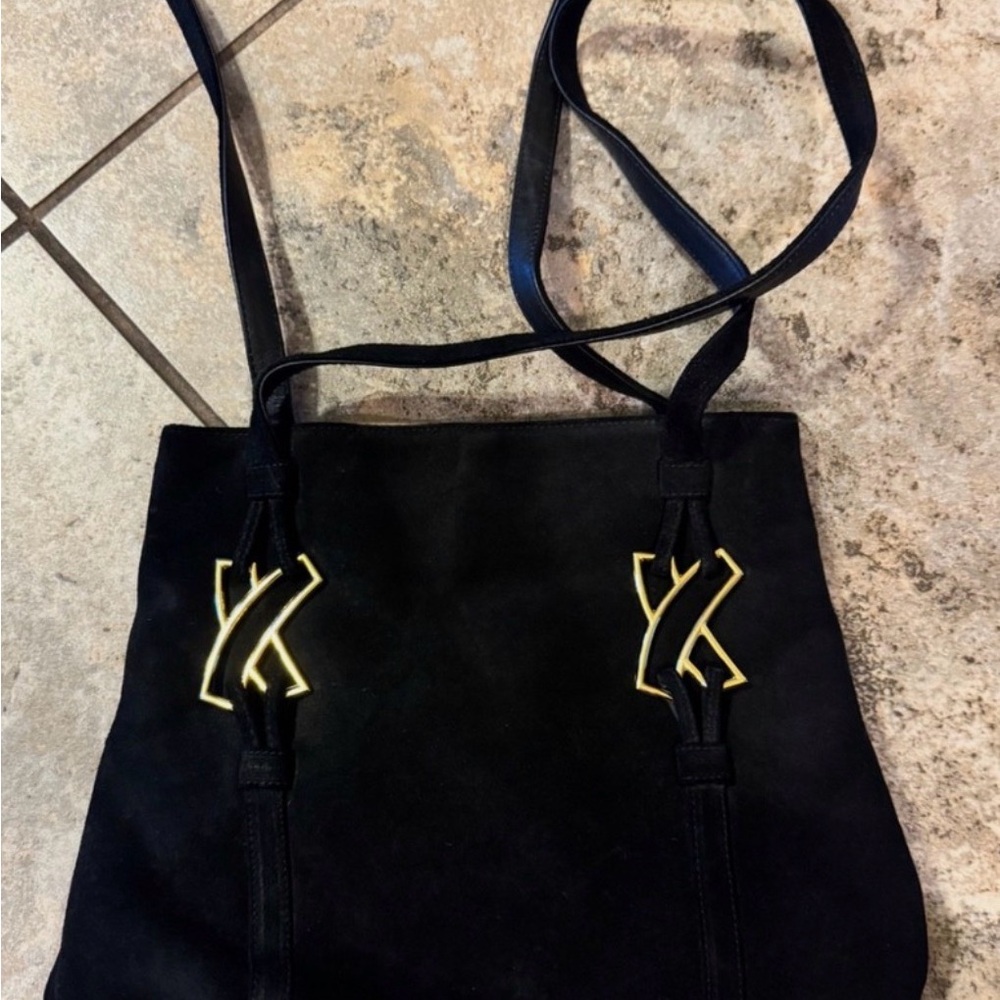 Vintage Paloma Picasso black suede tote bag with golden logo motifs Italian